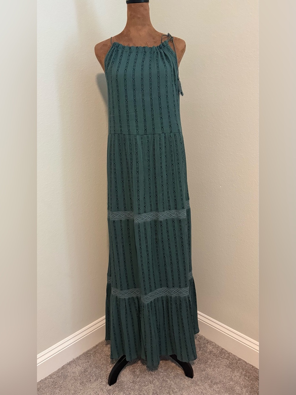 NWT World Market Teal Boho Sleeveless Tiered Crochet Trim Maxi Dress